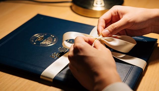 Hands tying satin ribbon around navy diploma folder with gold seal