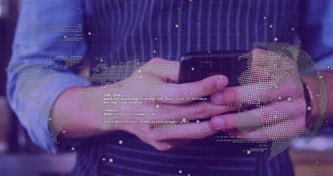 Man Using Smartphone Interfaces with Global Business Network