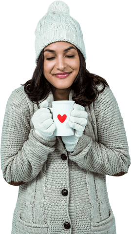 Festive brunette enjoying warm drink on transparent background