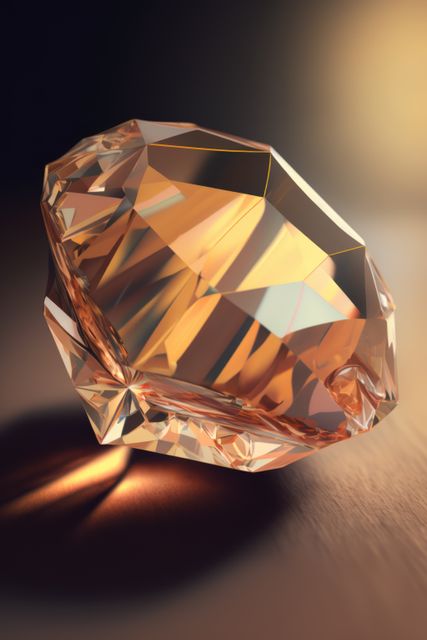 Close up of cut diamond with reflections on brown background, created using generative ai technology. Precious stones, luxury and wealth concept digitally generated image.