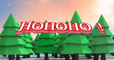 Festive Ho Ho Ho Text in Winter Landscape with Green Trees