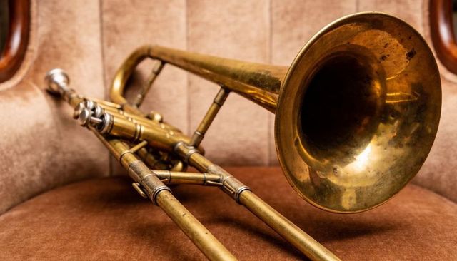 Vintage brass trombone resting on velveteen chair with worn patina and warm reflections