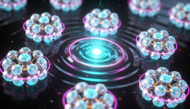 Cyan energy vortex emitting ripples among futuristic orb arrays on reflective black surface