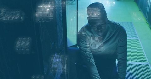 Technician Plugging Cables in Data Center with Binary Code Overlay