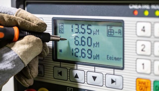 Pointing gloved hand with screwdriver inspecting control panel displaying numeric readings