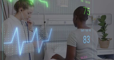Nurse Monitoring Patient with Digital Cardiograph Interface