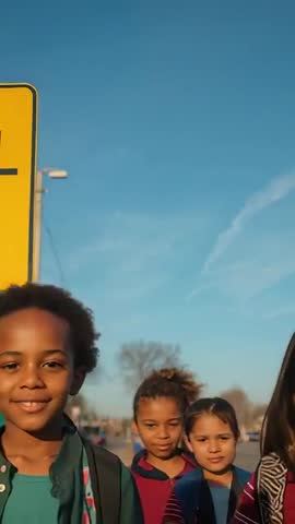 Vertical video of kids walking to school by yellow crossing sign on suburban sidewalk