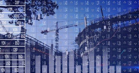 City skyline overlaying forex market data and construction cranes showing economic growth