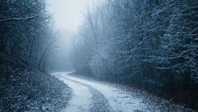 Winding snow-covered road leading into foggy winter forest with tire tracks