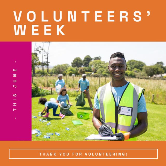 Volunteers' Week Poster with Group Collecting Rubbish in Park - Download Free Stock Templates Pikwizard.com