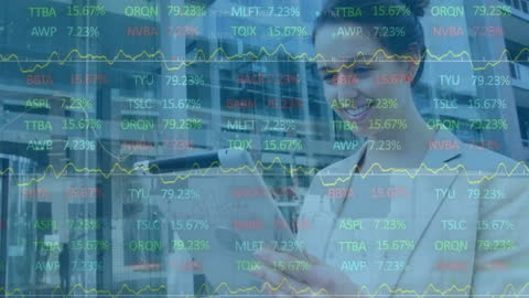 Woman Analyzing Financial Data on Tablet with Digital Interface