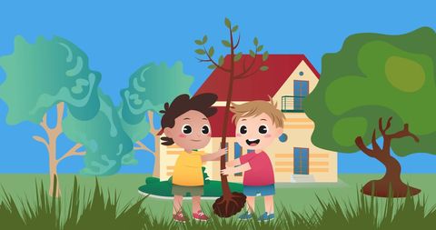 Children Planting a Sapling in Front of House