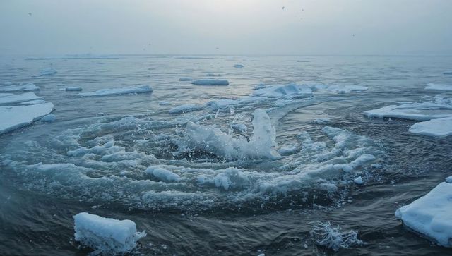 Polar whirlpool breaking through slushy ice floes in misty arctic sea with ringed ripples