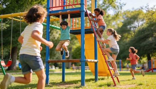 Children playing on colorful playground climbing ladder and sliding in sunny park together