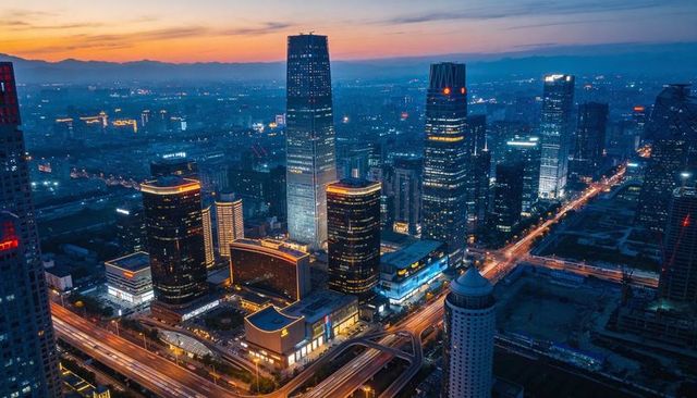 Dusk skyline with glowing central tower, clustered skyscrapers and illuminated highway ramps