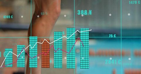 Male swimmer sitting poolside showing performance analytics, currency charts and metrics