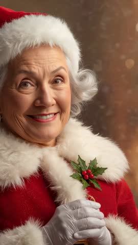 Mrs Claus smiling and tilting in festive studio portrait wearing red hat and fur coat