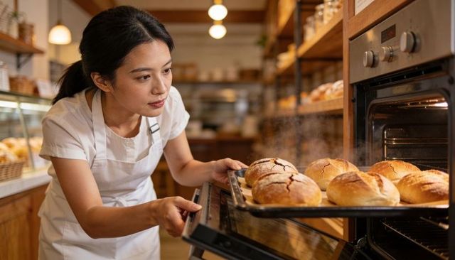 Asian Baker Carefully Removing Fresh Rustic Bread from Oven in Warm Wooden Bakery Interior