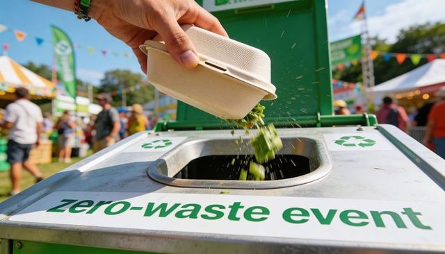 Hand pouring food scraps into compost bin at zero-waste outdoor festival