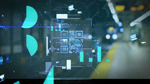 Futuristic QR Code Interface in Tech-Infused Subway Platform