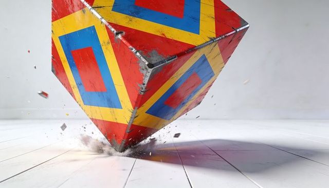 Battered metal cube crashing onto painted wooden floor with colorful geometric squares