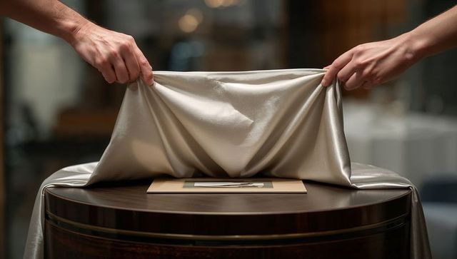 Unveiling satin-draped plaque on pedestal in elegant ballroom with ceremonial pen revealing