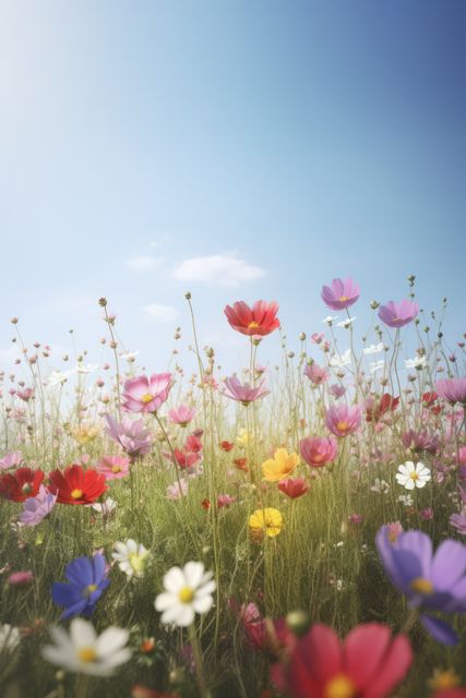 Colourful spring flowers at field over blue sky, created using generative ai technology. Spring, nature, flowers, digitally generated image.