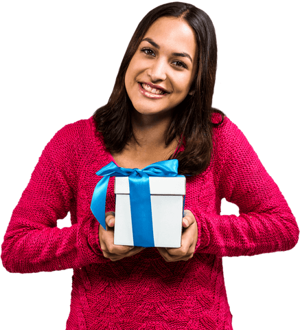 Smiling Young Adult Woman Holding Gift Box With Blue Bow Transparent Background