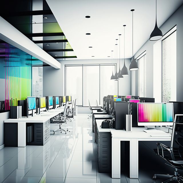 Modern office interior with desks, computers and window created using generative ai technology - Download Free Stock Photos Pikwizard.com