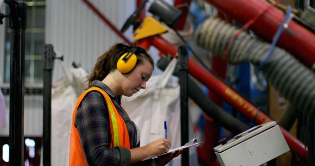 Female Warehouse Worker in Safety Gear Controlling Production Equipment - Download Free Stock Images Pikwizard.com