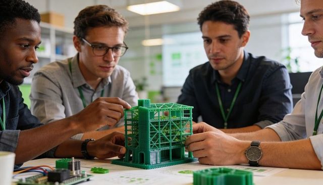 Engineers collaborating on green 3D-printed prototype model, hands-on teamwork in office