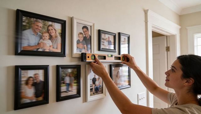 Woman measuring and aligning family frame gallery with spirit level in hallway interior