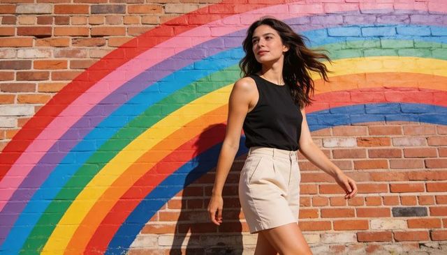 Woman walking past rainbow mural on brick wall casting sunlit shadow, urban summer vibe