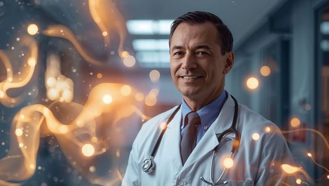 Confident male doctor smiling in hospital corridor wearing lab coat and stethoscope
