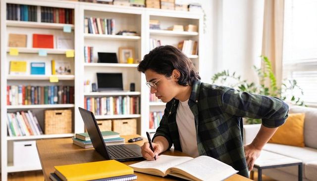 Young man studying at home desk with laptop and textbook taking notes in sunlit room