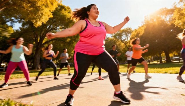 Plus-size woman leading outdoor group aerobics class in sunlit park