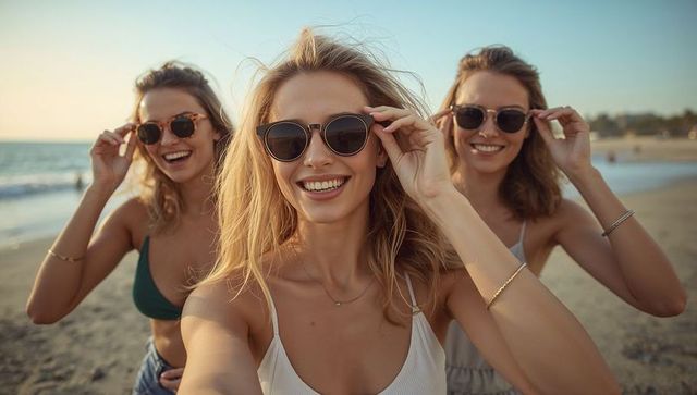 Three friends smiling at sunny beach taking selfie wearing sunglasses during golden hour