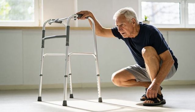 Senior man regaining balance using walker while adjusting sandal during rehab exercise