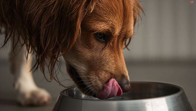Golden dog licking water from stainless steel bowl closeup, tongue out, pet hydration