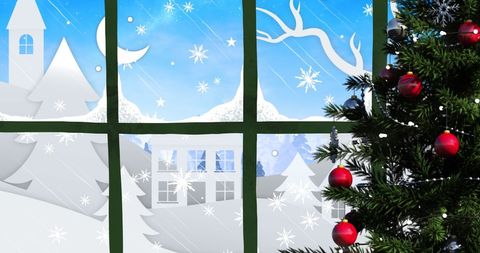 Festive Christmas Tree Beside Snowy Winter Window Scene