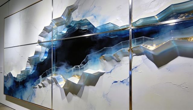 Contemporary multi-panel geode wall sculpture with blue resin ridges and metallic gold