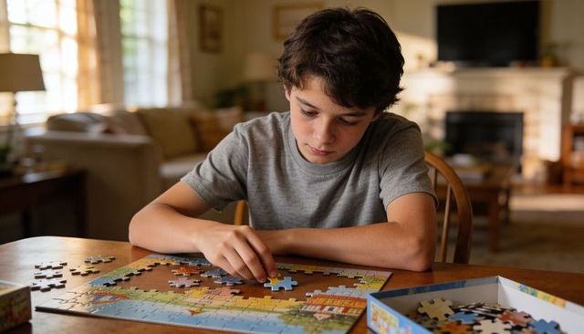 Teen boy assembling colorful jigsaw puzzle at wooden table in cozy living room sunlight