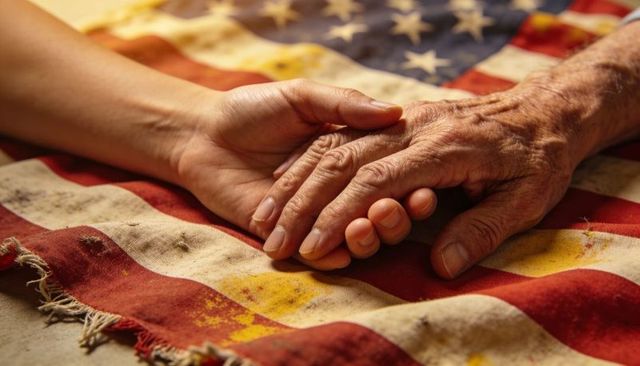 Holding hands on worn american flag conveying care and support for elderly veterans
