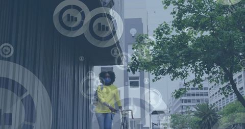 African American Woman with Bike and Technology Icons on Urban Street
