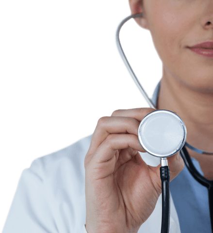 Transparent close-up of female doctor holding stethoscope