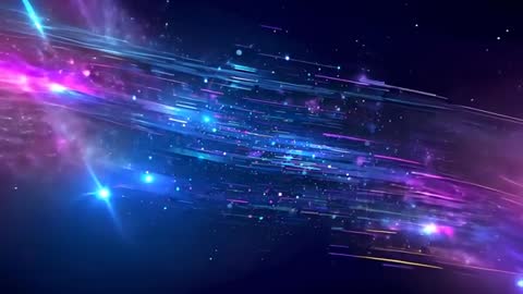 Streaming nebula ribbon racing across navy starfield with glowing particle streaks and prism flares