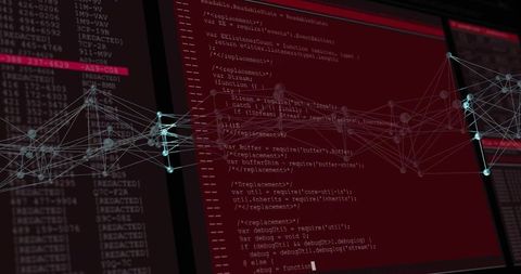 Dark coding workspace showing javascript source with teal network graph overlay