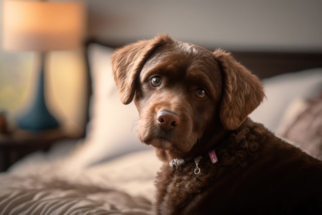 Portrait of cute brown dog on bed, created using generative ai technology. Animal, dog and pet concept digitally generated image.
