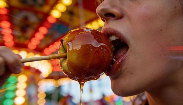 Close-up woman biting glossy caramel apple at fairground with neon bokeh lights