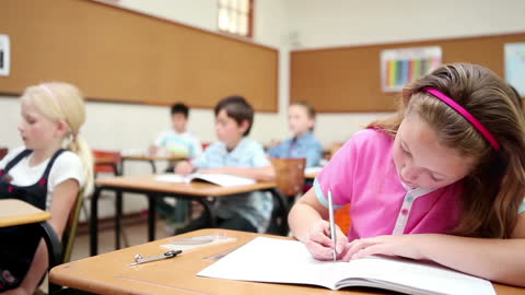 Focused Student Writing in Classroom During Lesson